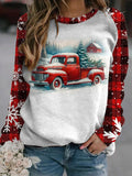 Women's Red Car Carrying A Christmas Tree Printed Round Neck Long Sleeve Sweatshirt