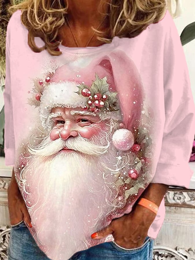 Women's Christmas Pink Santa Print Casual Top