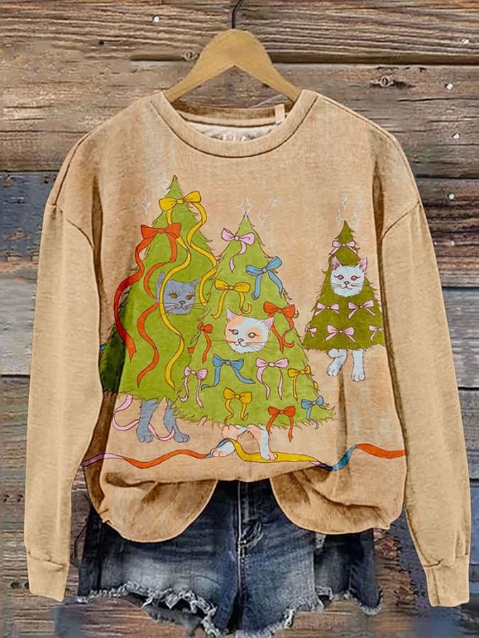 Women's  Cat Christmas Tree Print Sweatshirt