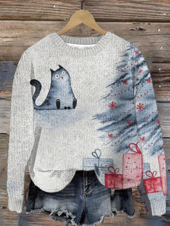 Women's Christmas Cute Cat Print Casual Sweater