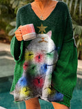 Women's Christmas Cat Casual V-neck Long Top Dress
