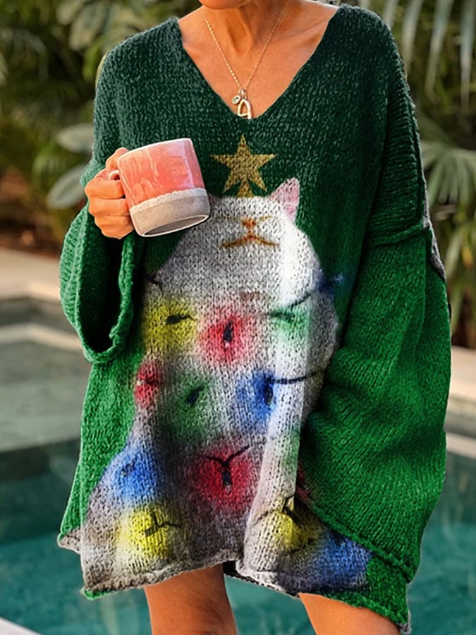 Women's Christmas Cat Casual V-neck Long Top Dress