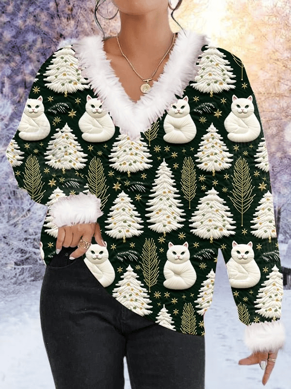 Women'S Christmas Tree Cat Print Knitted Sweatshirt