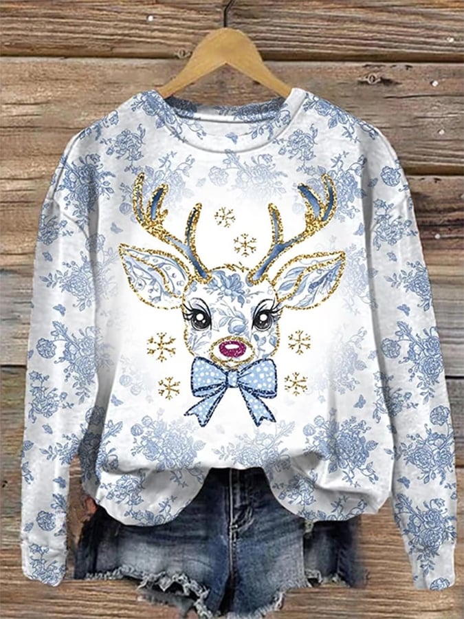 Women's Colorful Glitter Christmas Reindeer Casual Sweatshirt
